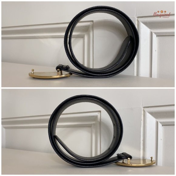 Authentic GUCCI Black Calfskin Leather Gold Signature Oval Buckle Belt 80/32 main image 12